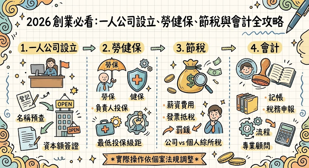 一人公司設立、勞健保、節稅與會計全攻略流程圖